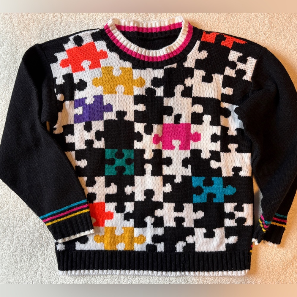 Colorful Vintage Puzzle Piece Design Sweater, Youth Sz Medium